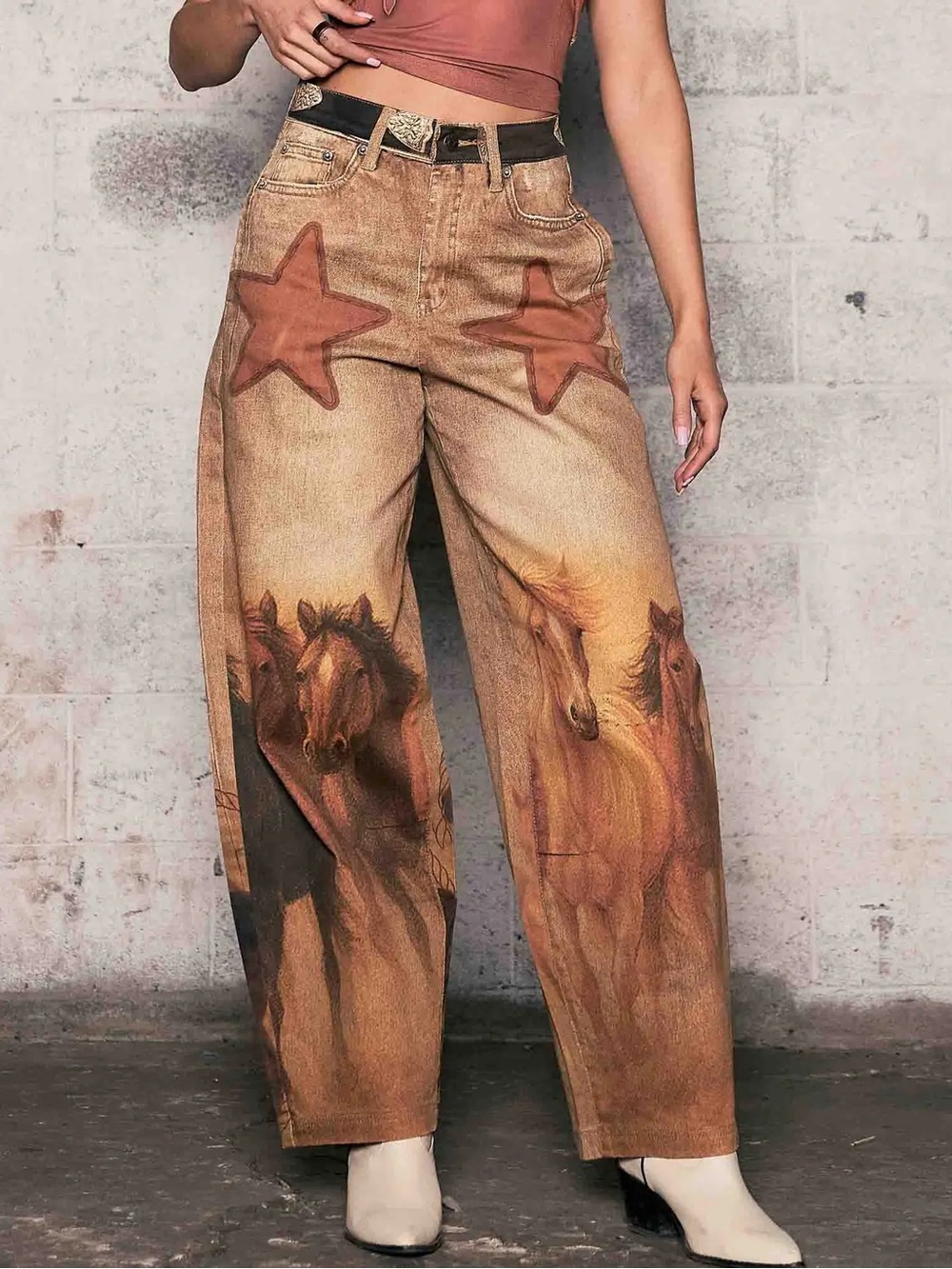 Vibrant M.I.U. Cow Boots Digital Print Wide Leg
Jeans
